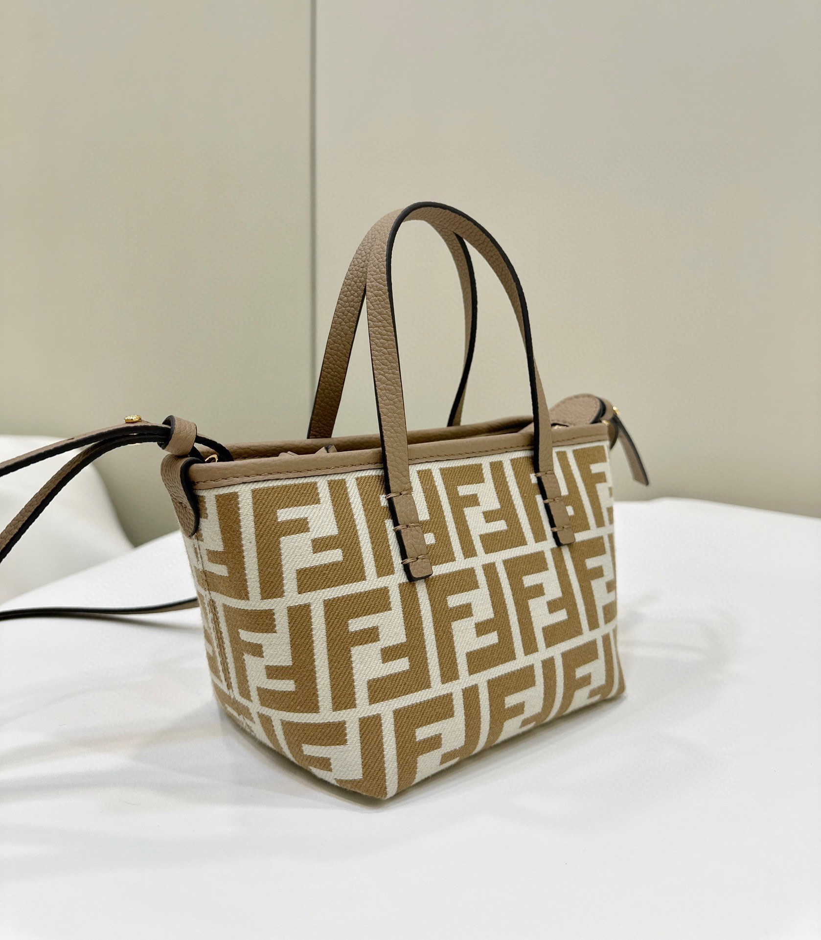 Fendi Mini Roll FF Jacquard Fabric Shoulder Bag Beige